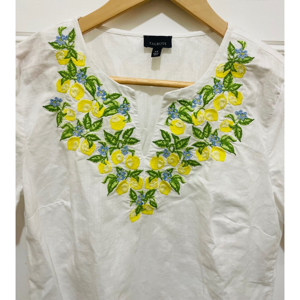 Talbots Womens Top‎ XS Embroidered Lemon Floral Tie Sleeve White Blouse - Picture 4 of 5